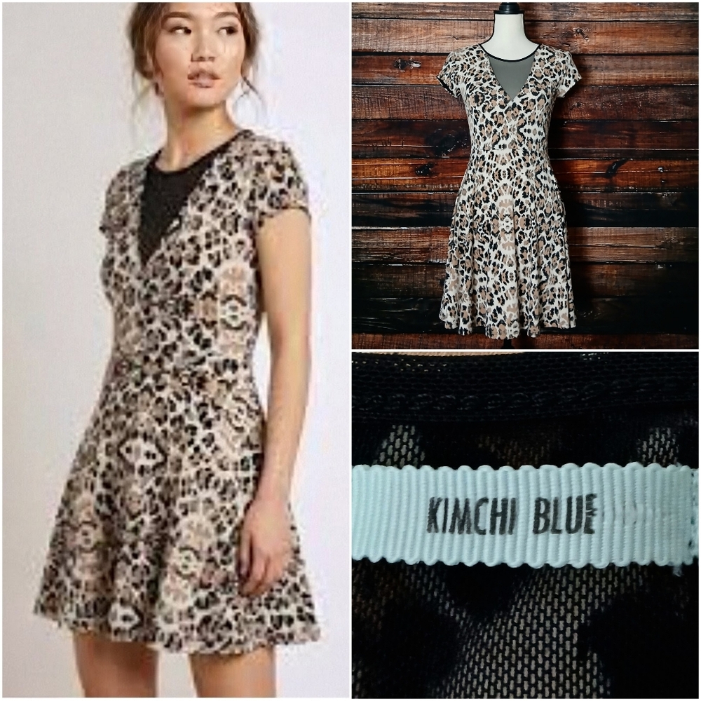 Kimchi Blue Dress S Fit and Flare Mesh Cutout Leopard Print Skater Stretch